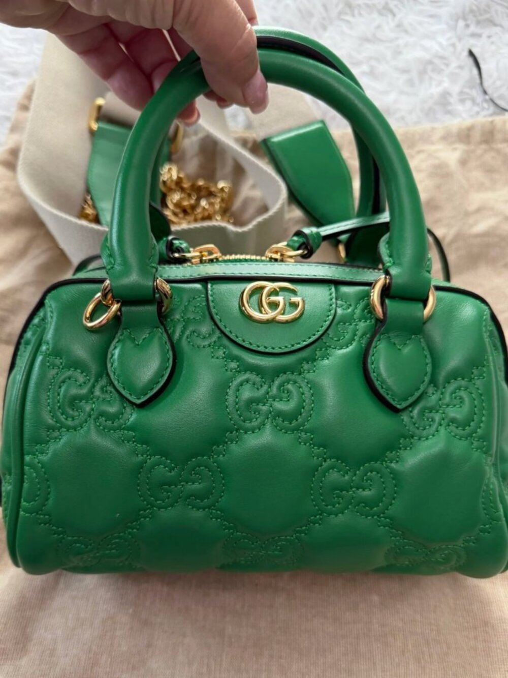GUCCI Calfskin GG Matelasse Mini Bowler Bag in Dusty Green and Natural